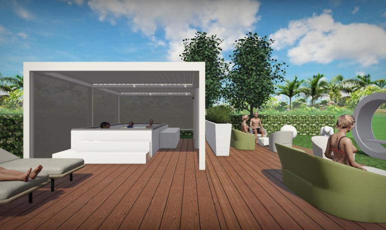 Terrazza con piscina, lettini e persone che si rilassano.