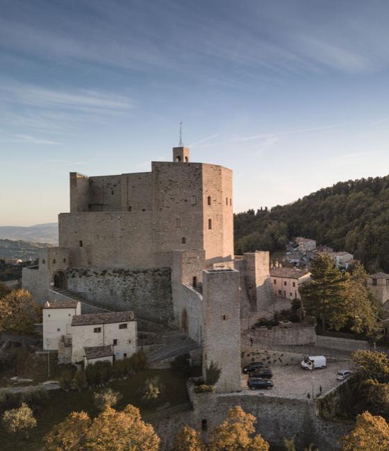 Medieval castle on hill with panoramic view and surrounding village.